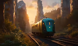 a train is coming down the tracks in a scene from a movie,the locomotives is moving along the train tracks
