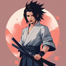a woman holding two swords standing in front of the moon