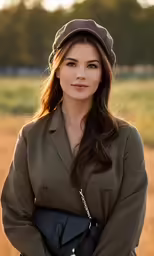 a woman standing in a field with a hat