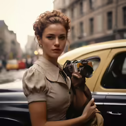 a woman is holding a camera in her hands