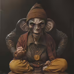 a man with an evil make up dressed in brown is looking on while sitting down
