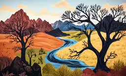 a painting of mountains with a winding road near them