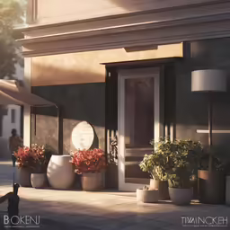 a building with plants outside a door and lights on