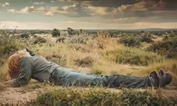 woman with head down in a field with weeds