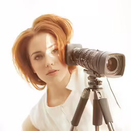 a woman with a video camera and lens