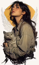 a woman with a cat in her arms and a bird in the back