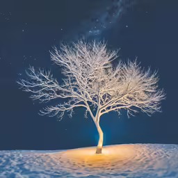 a tree stands in the middle of a snowy hill under a star filled sky