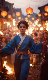 a young man dressed in blue with oriental writing