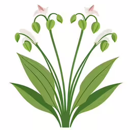 a picture of flowers and leaves with one blooming,this illustration depicts two white flowers and green leaves