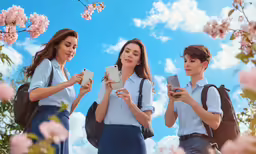 three girls and a boy wearing uniform using digital devices