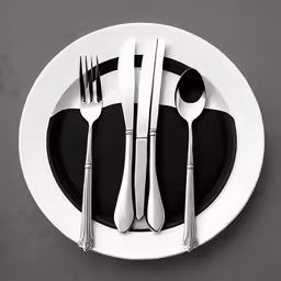 the silverware is setting on the black and white plate