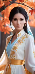 an animated woman in a costume that is standing under trees