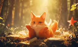 the cat in the forest with some little stars