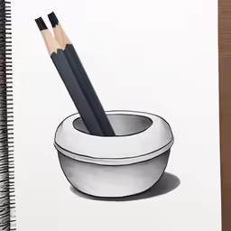 a pencil drawing of a bowl and two pencils