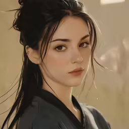 the painting shows a woman with a dark shirt and hair in a ponytail