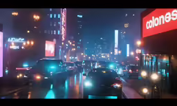 busy city at night in the rain with car headlights and cars driving down the street
