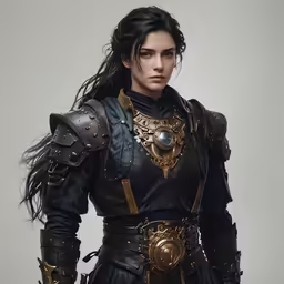 a girl wearing armor and weapons poses for the camera