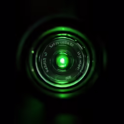 a green lens pointed in to the dark background
