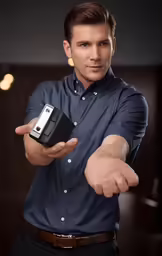 man pointing towards camera with arm and wristband