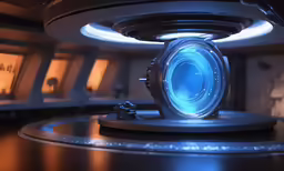 a small space ship with a blue light inside of it