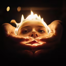 a little girl looks towards the camera with hands on her chest while holding a lit object