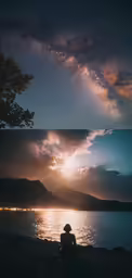 two people sitting on a shore watching the sun set