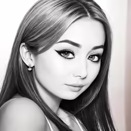 a black and white photo of a girl with large eyes