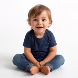 a little child that is smiling on a white background