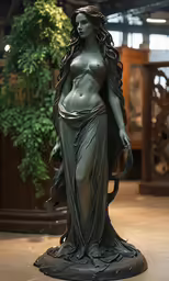 a statue of a woman with a bow around her neck
