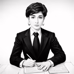 the woman is wearing a black suit and holding a pen, looking at a paper that is held in her lap