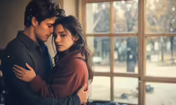 a woman hugging a man who is looking out of a window