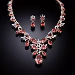 a necklace and matching earrings in gold with pink and white stones