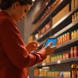 a woman is checking her phone in a store