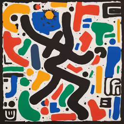 a large abstract painting with a man running through it