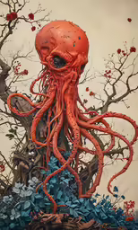 an illustration of a giant orange octopus in front of trees