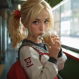 a woman in uniform holding a beer glass