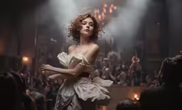 a woman in a gown standing in front of people