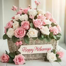 some pink and white roses in a basket