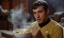 the man is eating from his bowl of ramen