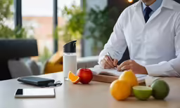 man sitting at a table with fruits and juices on it