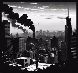 this black and white photo shows buildings and smoke stacks,some smoke from factory chimneys rises into the sky as buildings are seen below
