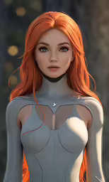3d character, red hair, wearing a bodysuit with cutouts