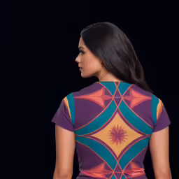 the woman wears a short purple and blue dress