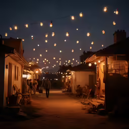 people walking down a street at night covered in lights