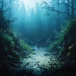 a lone man walking down a path through a forest