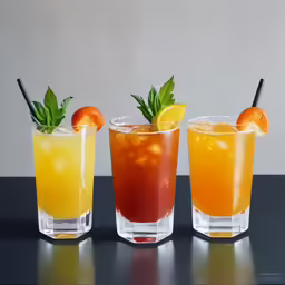 three glasses with different kinds of alcoholic drinks