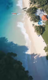 an aerial view of a home near a beach