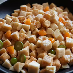 a mixture of sugar cubes, peas, and mustard are ready to be cooked