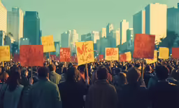 people holding up yellow and red signs with words written on them
