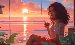 a beautiful woman holding a glass of wine sitting on top of a beach,a young woman sitting on a wooden ledge at the ocean drinking a glass of wine